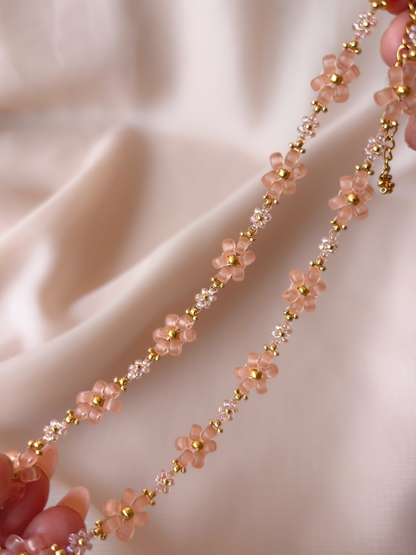 Close up of Dear Daisy Choker in First Kiss, showcasing translucent pink flower designs made of premium Japanese seed beads.